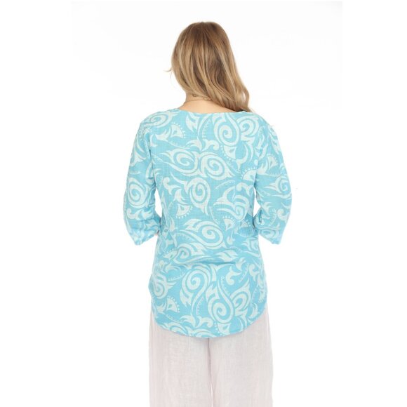 Ocean Blue Spiral Print V-Neck Button Detail Top - Picture 6 of 11